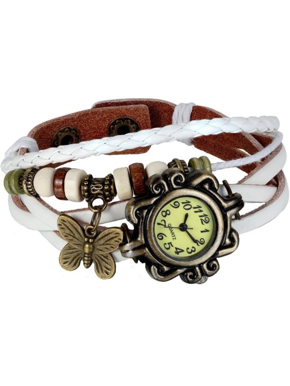 Women's White-Butterfly Vintage Classic Weave Wrap Around Quartz Wristwatch